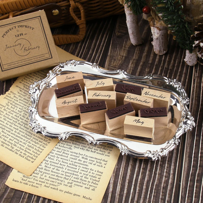 Dizdkizd 12-Piece Cute Month Rubber Stamps, Vintage Wooden Stamps in Small Size for Crafting, Scrapbooking, Journaling Supplies - Image 2